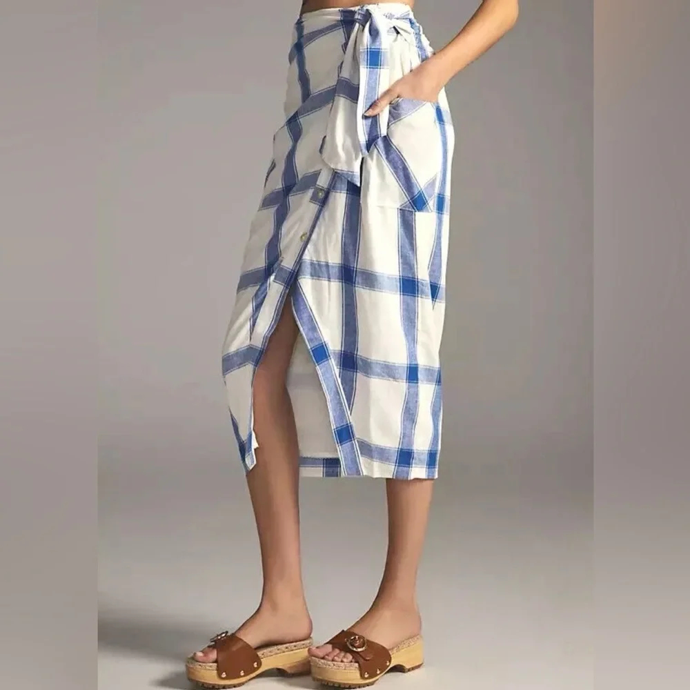 Maeve plaid wrap linen skirt Anthropologie asymmetric button, pockets 12 - Picture 2 of 5